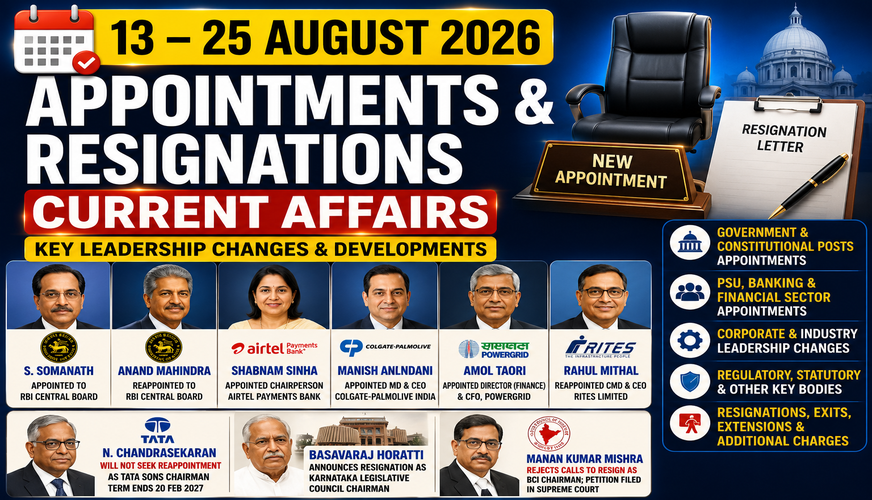 Appointments & Resignations Current Affairs 13–25 August 2026: Key Leadership Changes